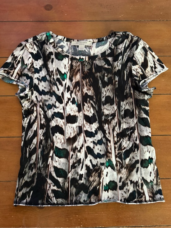 All Saints Tops - All Saints Women's Abstract Feather-Print Short Sleeve Top - Black/Green
